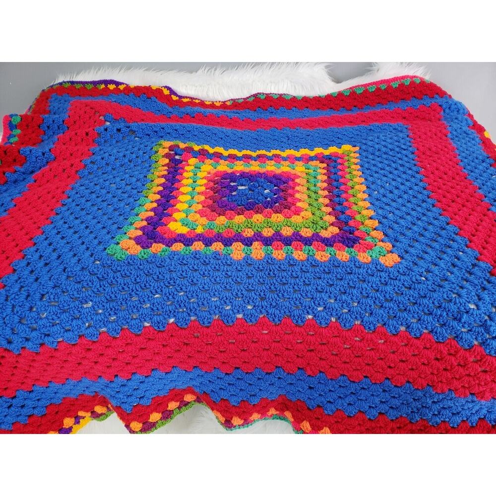 Vintage retro 70s afghan granny blanket square decor throw handmade rainbow mcm